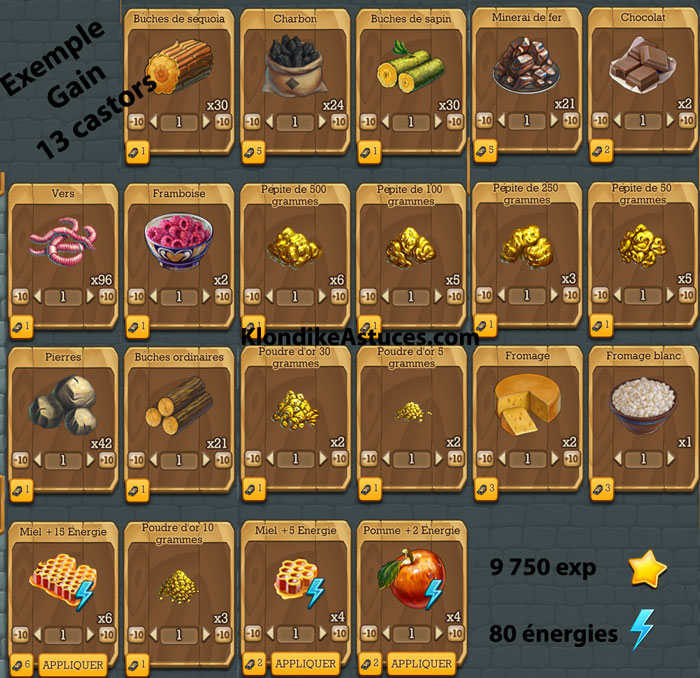Exemple gain des 13 castors